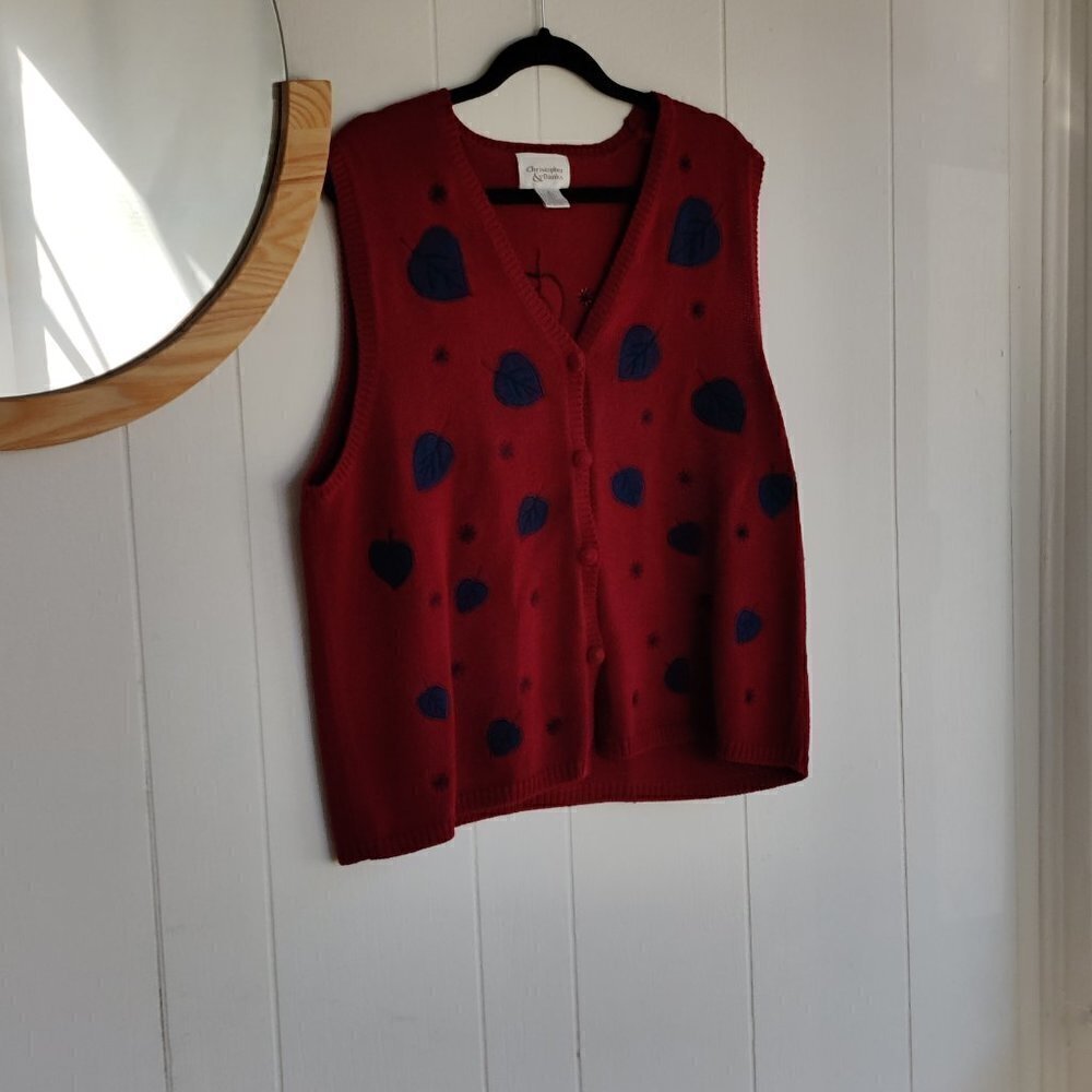 Vest, Red knit w/falling leaves and snow in blue embroidery. Christopher Banks - Picture 4 of 9